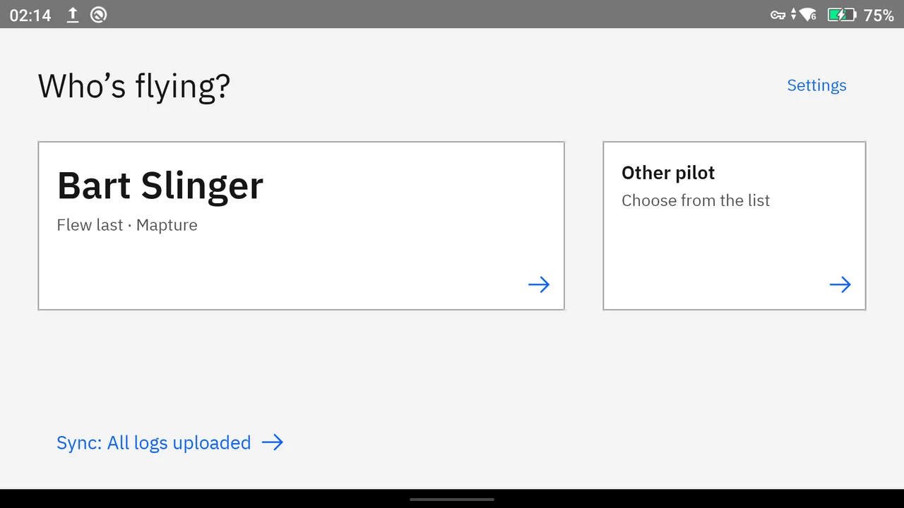 The FleetRanger app on a DJI RC Pro, asking who’s flying, with the last pilot first.