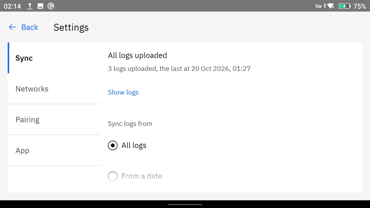 The app’s sync settings on a DJI RC Pro: all logs uploaded.